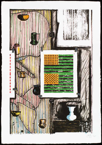 A stacked double U.S. Flag image CR, Left side images of cups, bowls, bottles, pitchers, BR two...