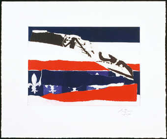 An aquatint from two copper plates printed in red and blue.  The two collage elements are (1)...