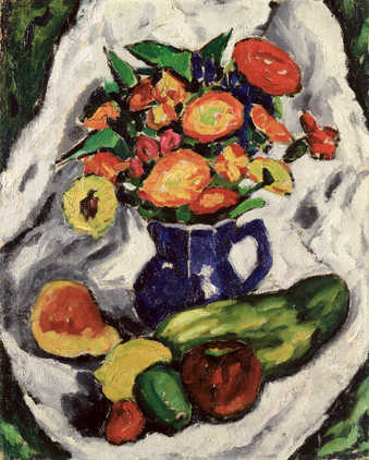 still life of blue vase with flowers.  In front of vase 6 pieces of fruit or vegetables all on a...
