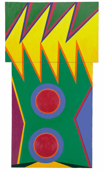 geometric shapes painted in bright colors.  Jagged saw toothed forms at top and circular forms...