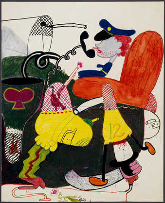 A cartoon  like rendering with an image, among others, of a police officer holding a gun.