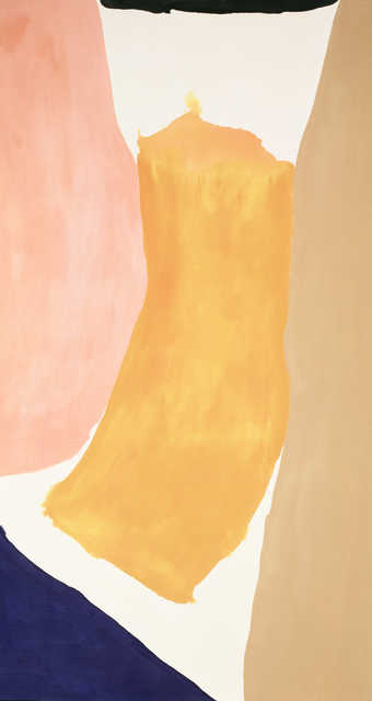 Large fields of pink, tan, blue, yellow/orange on raw canvas