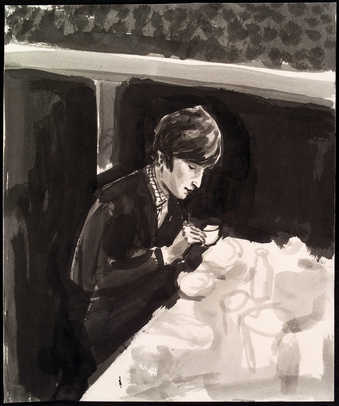 John Lennon seated at a table having a drink