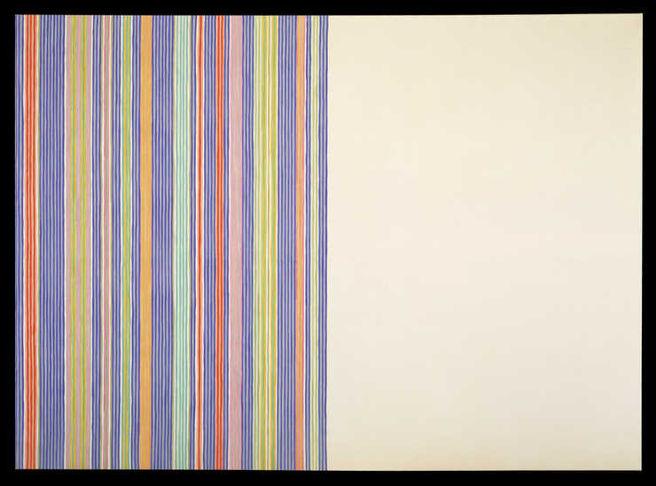Left side of canvas is composed of vertical stripes top to bottom of blue, light blue, pink,...