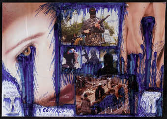 a collage of magazine images, overdrawn with ballpoint pen and wrapped with transparent plastic. ...