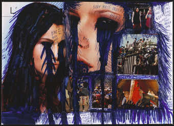 a collage of magazine images, overdrawn with ballpoint pen and wrapped with transparent plastic. ...