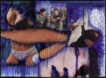 a collage of magazine images, overdrawn with ballpoint pen and wrapped with transparent plastic. ...