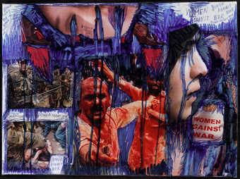a collage of magazine images, overdrawn with ballpoint pen and wrapped with transparent plastic. ...