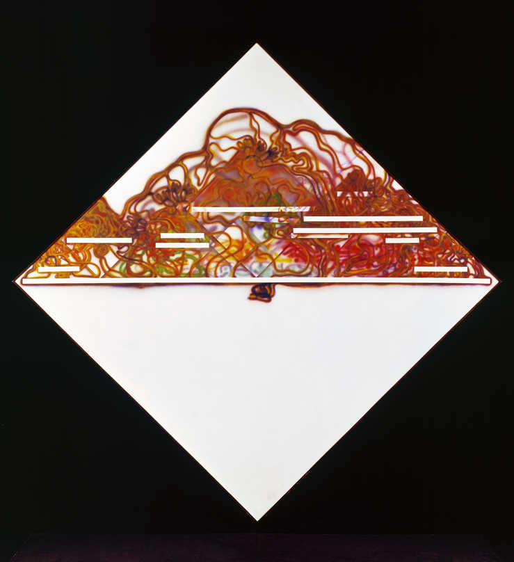 spray squiggles at top with narrow oblong tube-like shapes, bottom half is empty, painting is...