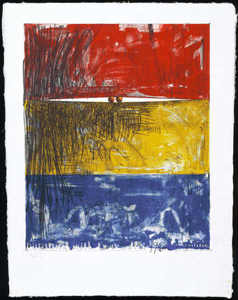 Three horizontal bands; bottom blue, center yellow, top red.  Between yellow and red bands two...