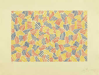 A composition comprised of groupings of colored lines, yellow, red, blue.  An intaglio print from...