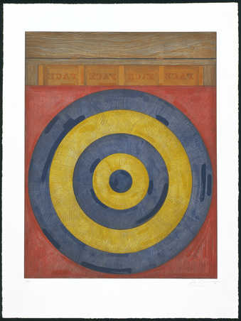 An image of a target printed in yellow and blue on a red square.  Above the red square imabe of...