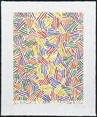 An image comprised of groupings of colored lines red, yellow, blue, green, purple printed over...