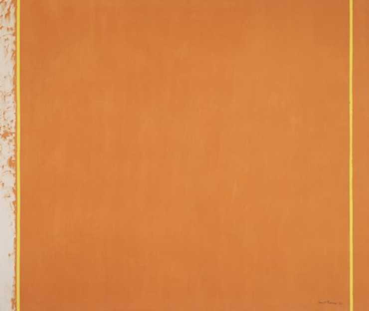 Orange field with two vertical stripes of yellow one at each end of the canvas.  Left end of...