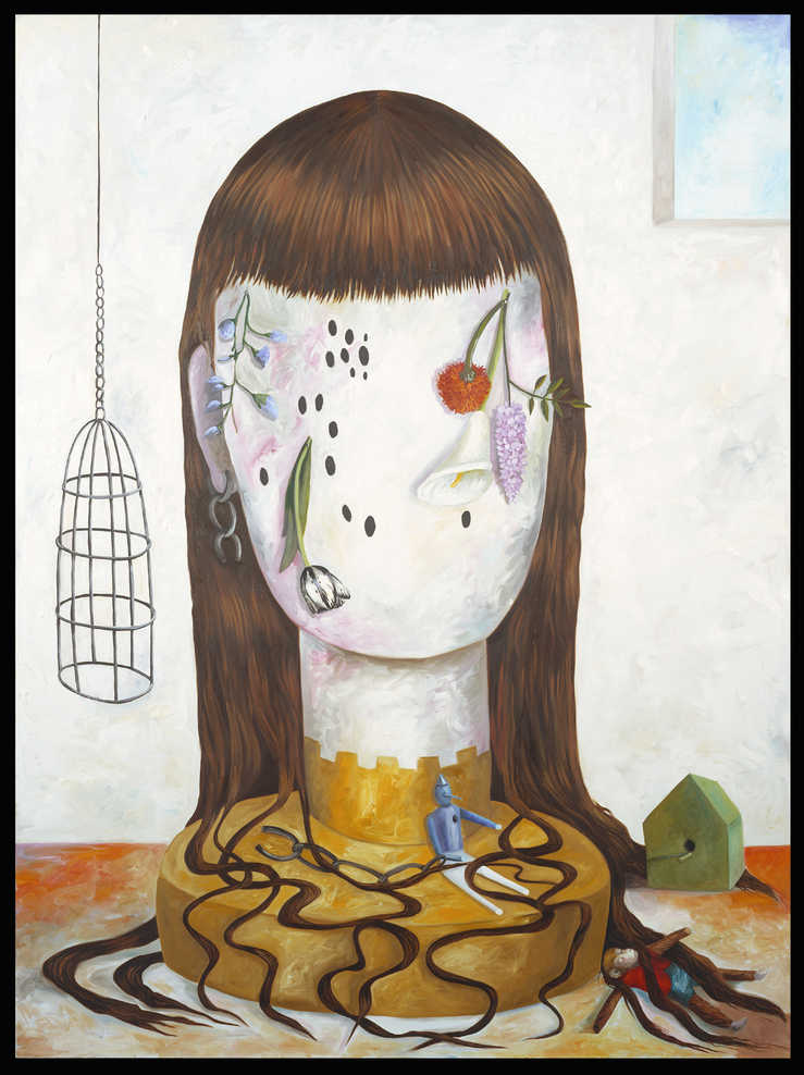 wig mold with a featureless face, long brown hair.  Flowers tacked to the face.  Bird cage to...