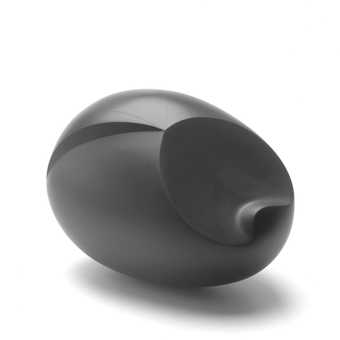 A version of a Brancusi infant head in black sandblasted glass.