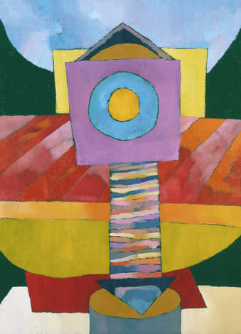 brightly colored geometric shapes LC an arrow pointing down continuing to UC were another arrow...