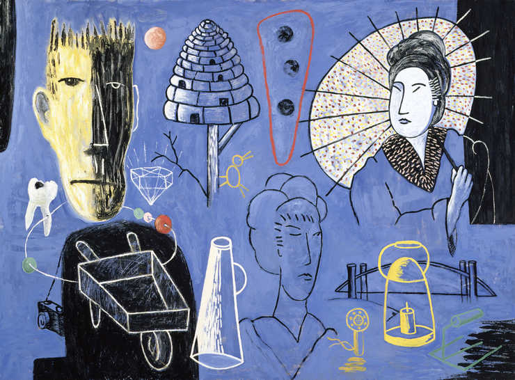 Several objects and torsos of people painted over a blue field.