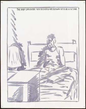 drawing of a man lying in bed in front of a television;text reads "The baby daughter you...