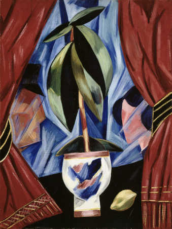 Stylized depiction of a potted plant and a lemon in front of a window with curtains drawn....