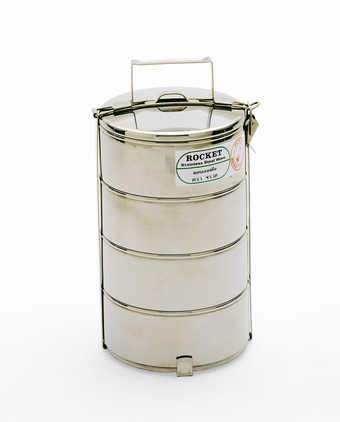 a Thai stainless steel lunchbox composed of four stackable bowl secured with a stainless metal...