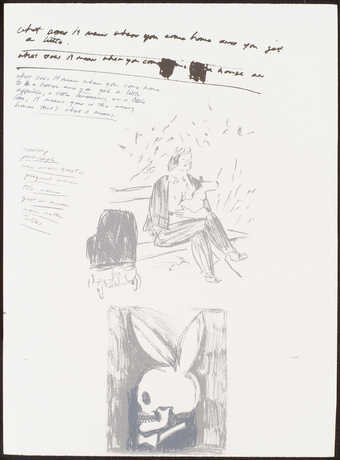 portfolio of 12 lithographs; each sheet has a collage of jokes and images printed in subtle...