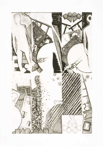 A combination of images Winter, Sping, Summer, Fall printed in black.  An intaglio print from...