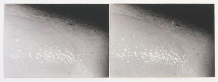 A pair of photographs of a close-up view of an arm with oil on it.  A boat and palm trees are...