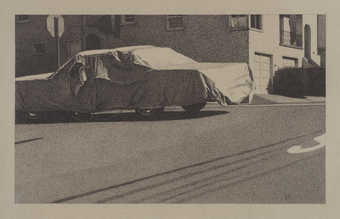 An image of a covered car parked along the street