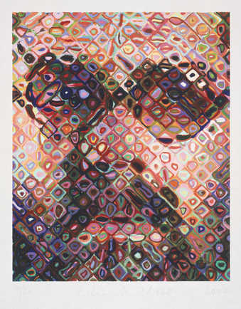 A self-portrait of the artist's face.  A handprinted 43 color woodcut.