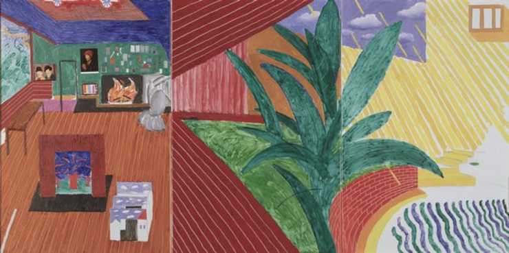 Right two panels overlook a stylized garden. Left panel depicts a room interior w/ collage...