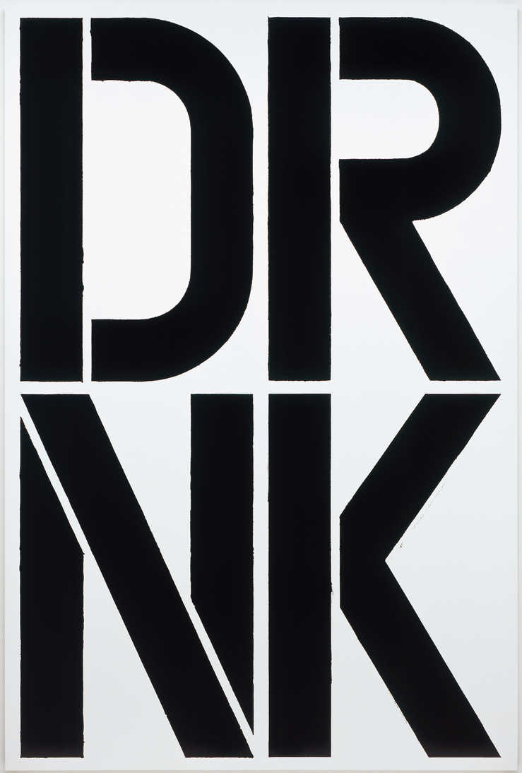 Two rows of black letters on a white ground "DRNK"