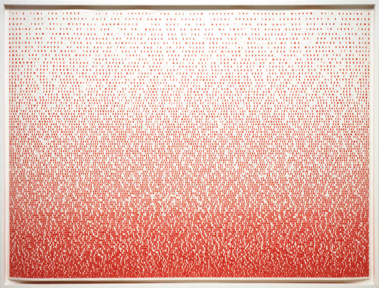 A print composed entirely of text, printed in red.