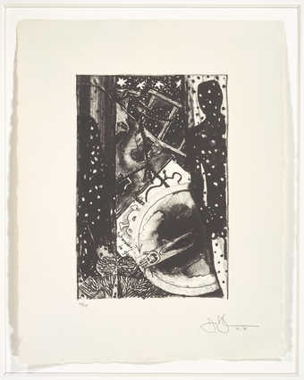 An image of a partial figure R and L margins.  Center of print composition of different images...