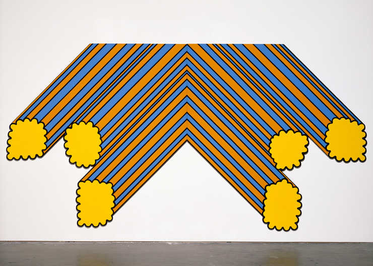 alternating stripes of orange and blue emanating from top and center of two panels ending in six...