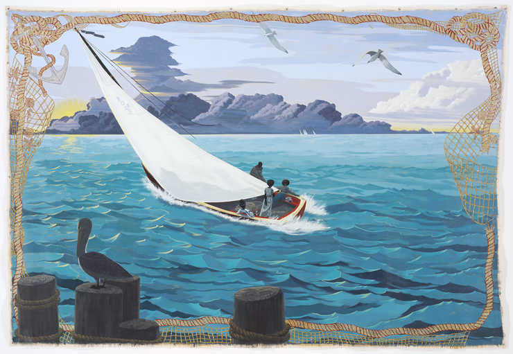 A reworking of Winslow Homer's The Gulf Stream (1899). Borders of painting  contain images...