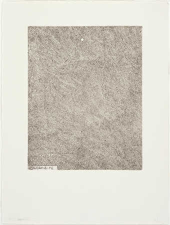 Ten black-and-white images created with black dots.  The artist's first venture in print making