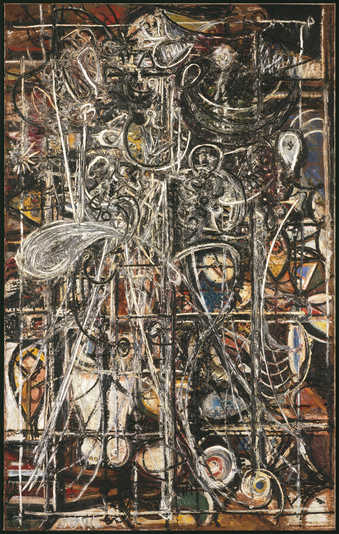 An early abstract expressionist/surrealist image of a figure over a grid.