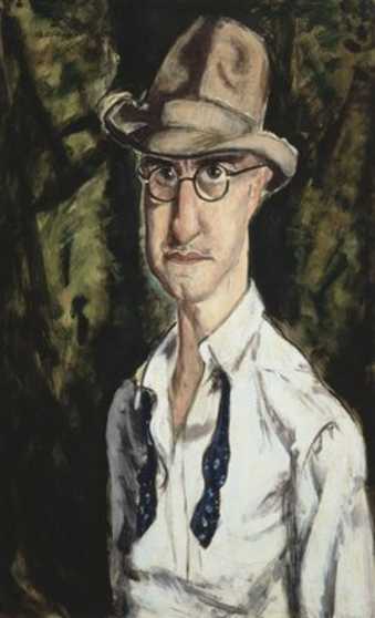 portrait of an elongated man with open shirt and untied tie wearing a hat and glasses