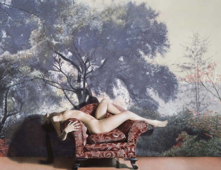 photorealist view of a nude woman recling over the arms of a chair in front of a backdrop of...