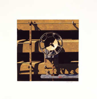 A naturalistic depiction of a detail from a train car.