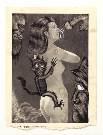 Vintage pornography onto to which the artist has drawn.  An image of a woman with a devil-like...