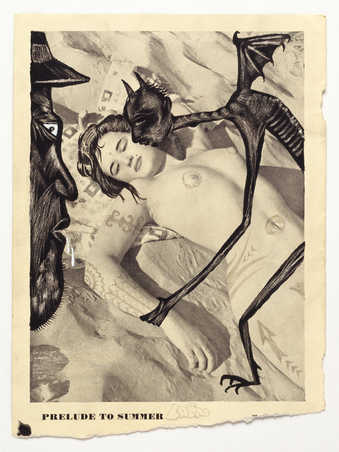Vintage pornography onto to which the artist has drawn.  A devil like figure on top of a...