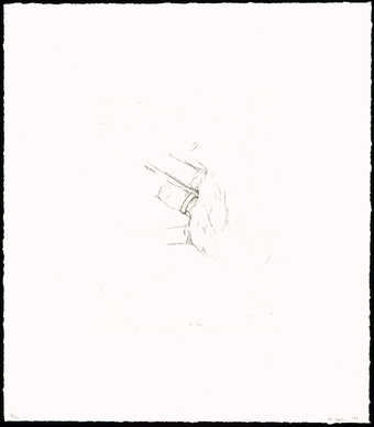 A black-and-white line drawn image of a hand with a ring on the ring-finger.  Print published and...