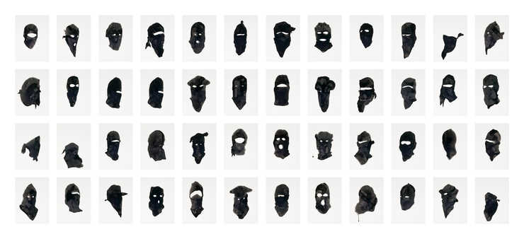 Images of head scarves that were drawn on Mylar.  The work is displayed in a 4 x 12 grid, each...