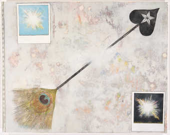 An image of two  Polaroid photographs and an arrow.