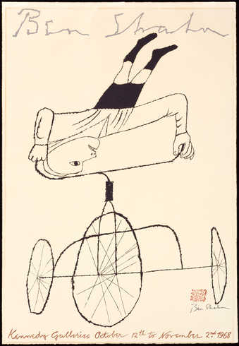 An image of a man performing a handstand on the handle bars of a tricycle.  A poster for an...