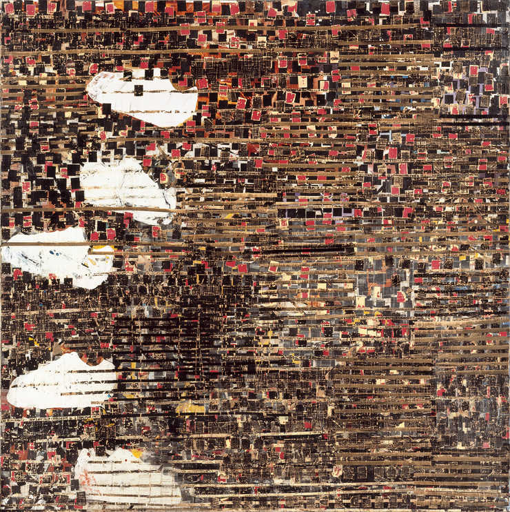 A large scale collage made of printed billboard images and end papers used in hair treatment,...