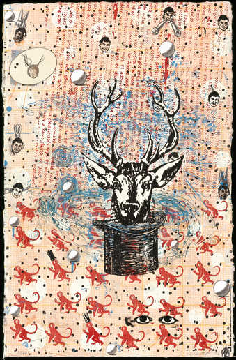 An image of a deer head emerging from a top  hat, stamped additions to the background include,...