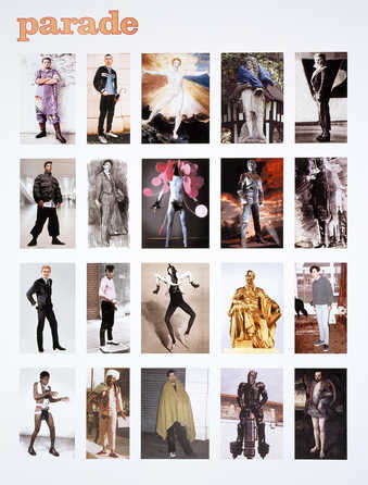 The word "Parade" in gold over a grid of 20 images of men in various costume and poses.